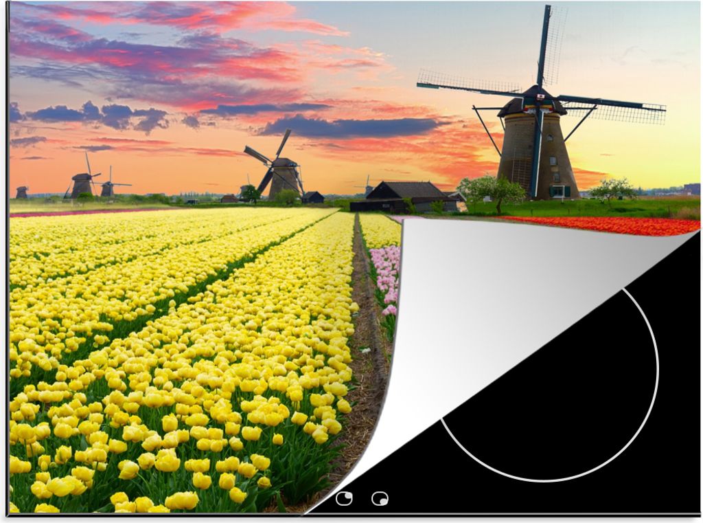 KitchenYeah Herdabdeckplatte Tulpen - Windmühle - Natur , 58x51cm, Küche Deko, Glaskeramikfeld Herdabdeckung, Abdeckplatte fùr Kochfeld