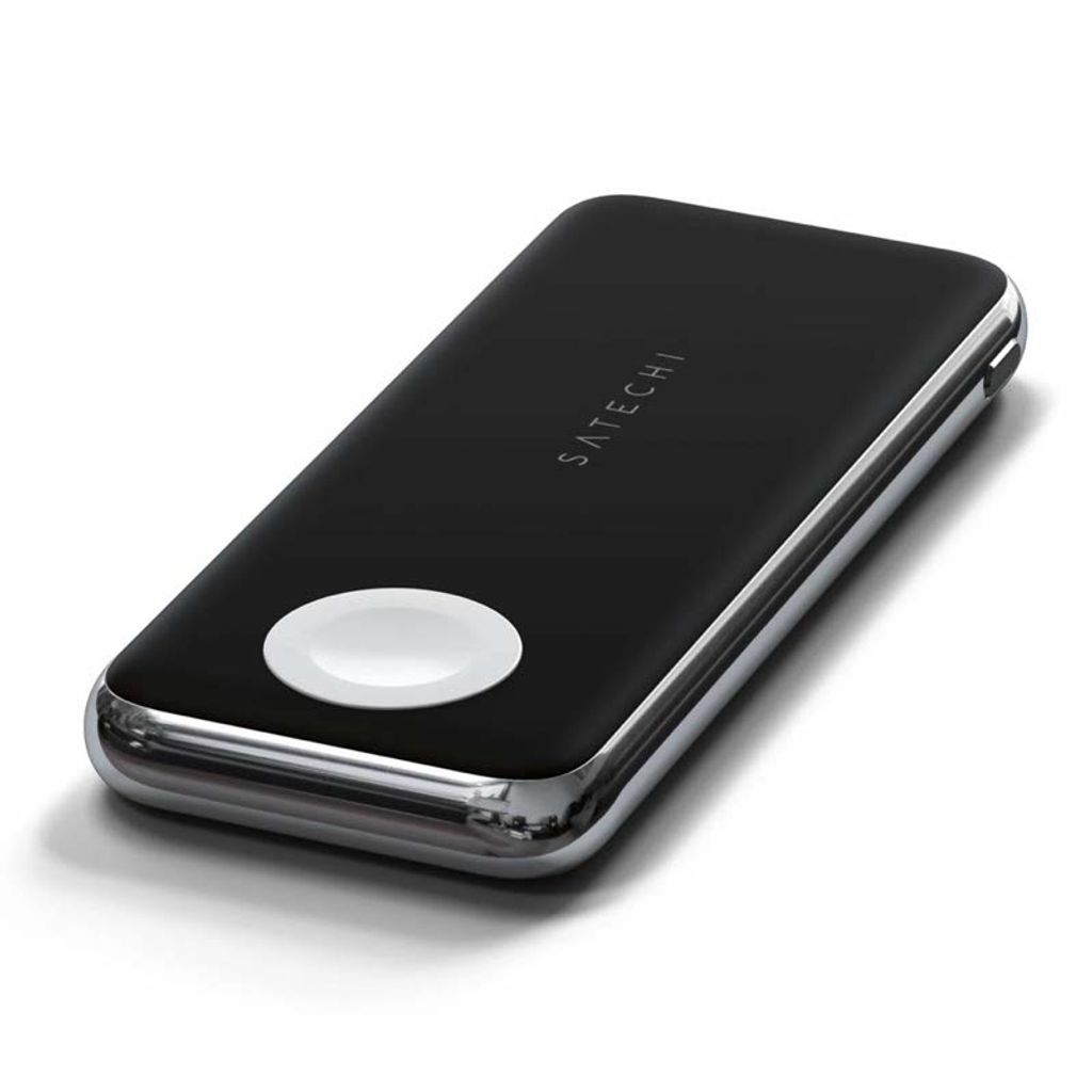 A black Satechi Quatro Wireless Power Bank with a silver trim and a white charging pad is shown on a white background.