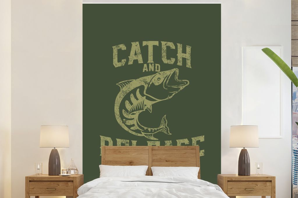 MuchoWow Fototapete für Wohnzimmer oder Schlafzimmer Wandtapete Vinyl Motivtapete Jahrgang - Fisch - Text - 180x280 cm - Wallpaper