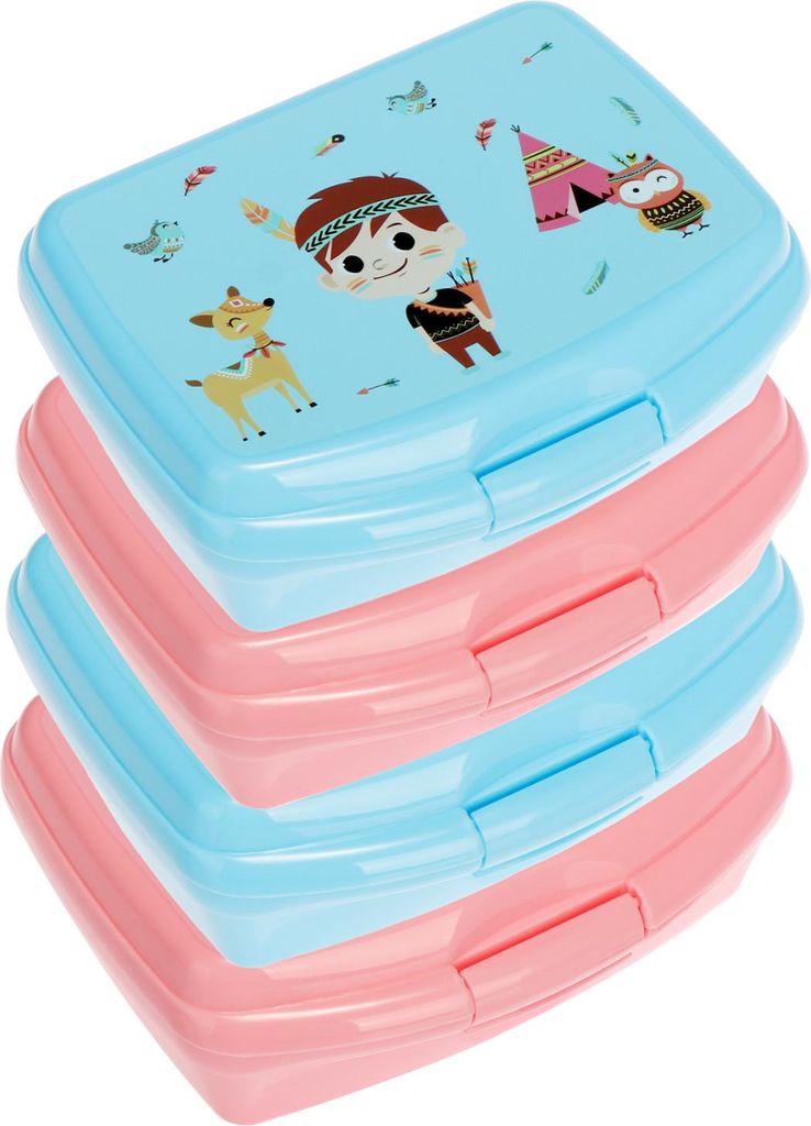 com-four 4x Lunch-Box mit lustigen Indianer - mit Tiermotiven - Pink und Blau