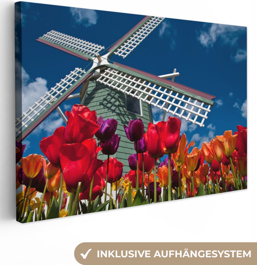 OneMillionCanvasses - Leinwandbilder - 140x90 cm, Tulpen vor einer Mühle, Wandbilder Kunstdruck Wanddekoration - Foto auf Leinwand - Gemälde au...