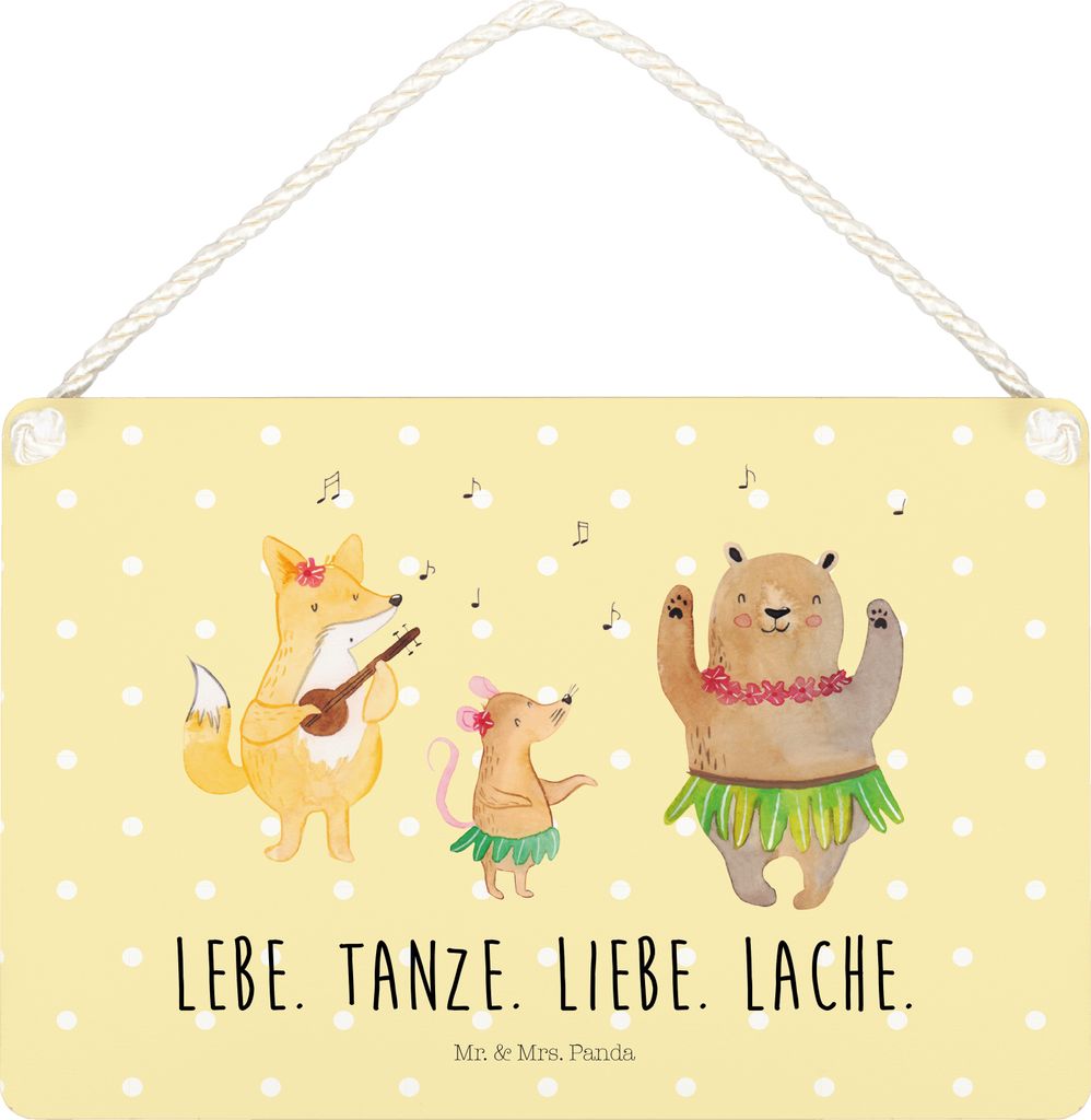 Mr. & Mrs. Panda Wandbild Holz Waldtiere Aloha DIN A5 - Gelb Pastell - Geschenk, Wald, kleine aufmerksamkeit, Schild, Hase, Türschild, Musik, holz...