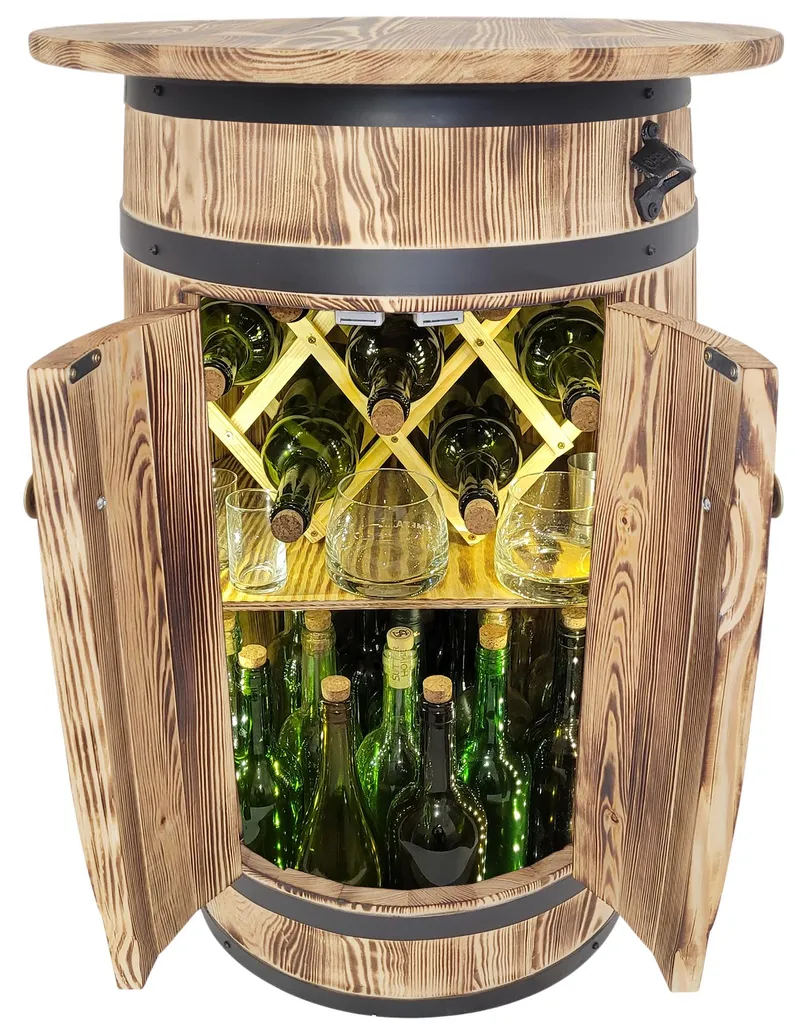 Meuble de rangement vin tonneau bois avec LED pour réception et soirée