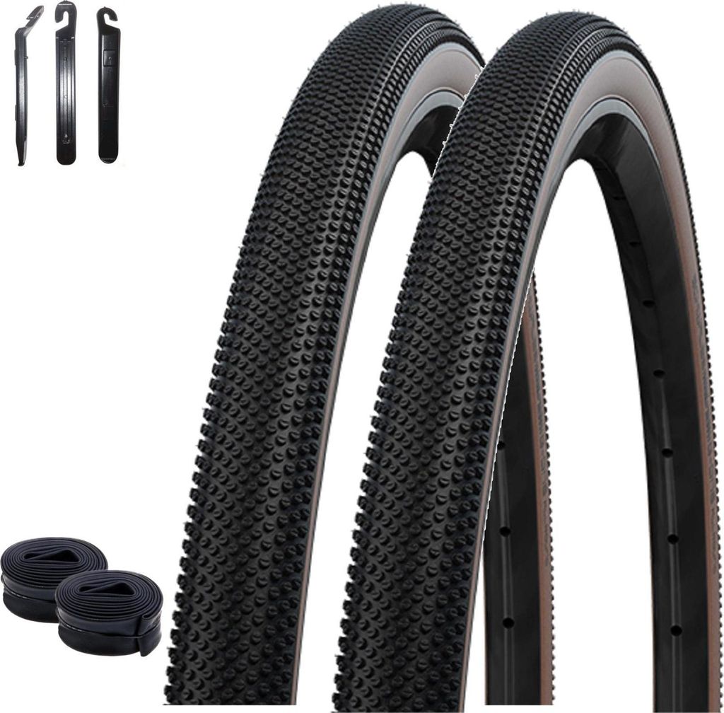 2 x Faltreifen Schwalbe TLE E-25 G-One Performance Race Guard bronze 45-622 ( 28 x 1.70 ) + 2 Schwalbe Schläuche SV17 inkl. Reifenheber