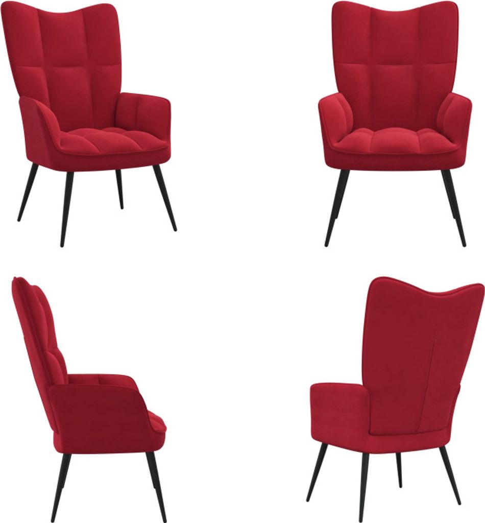 A collage of four images showing a red velvet armchair from different angles.