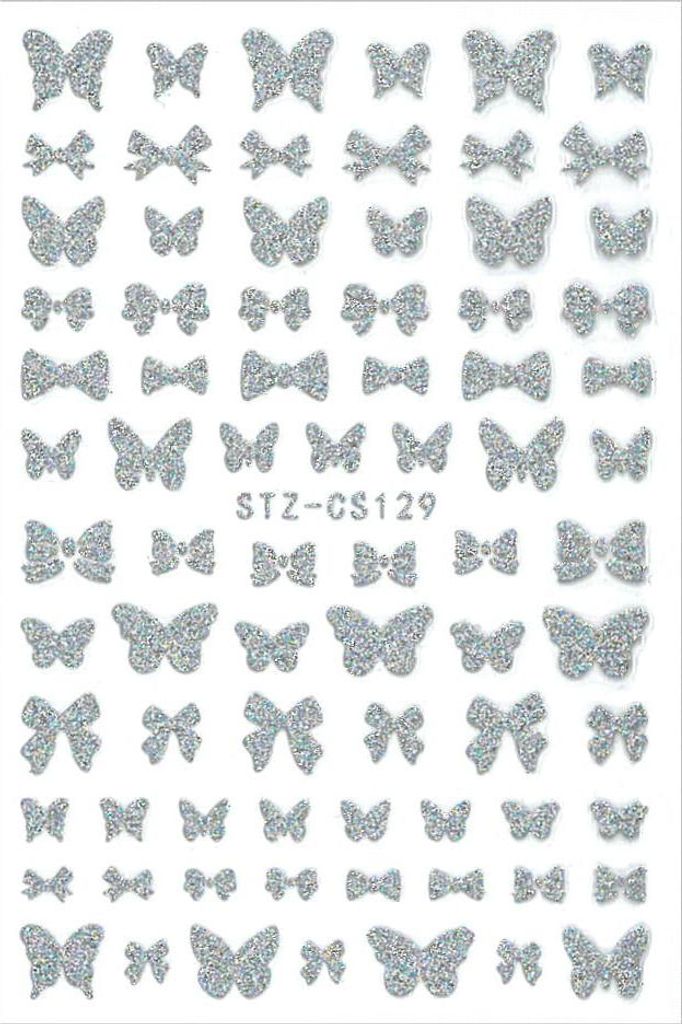 3D Nagelsticker selbstklebend Glitzer Schmetterlinge STZ-CS129 Silber Holo
