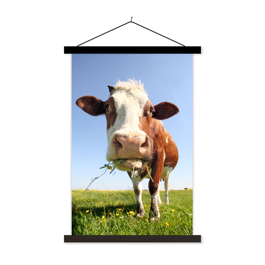 MuchoWow Textilposter Kuh - Tiere - Blumen - Gras 40x60 cm mit schwarzem Rahmen - Wanddekorationen