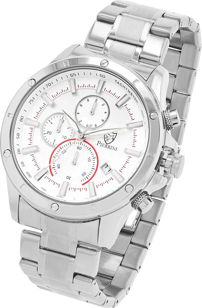 Pierrini Herrenuhr mit Edelstahlband, Chronograph, Ø 46 mm, silberfarben/ weiß-silberfarben inkl. Uhren-Klappbox