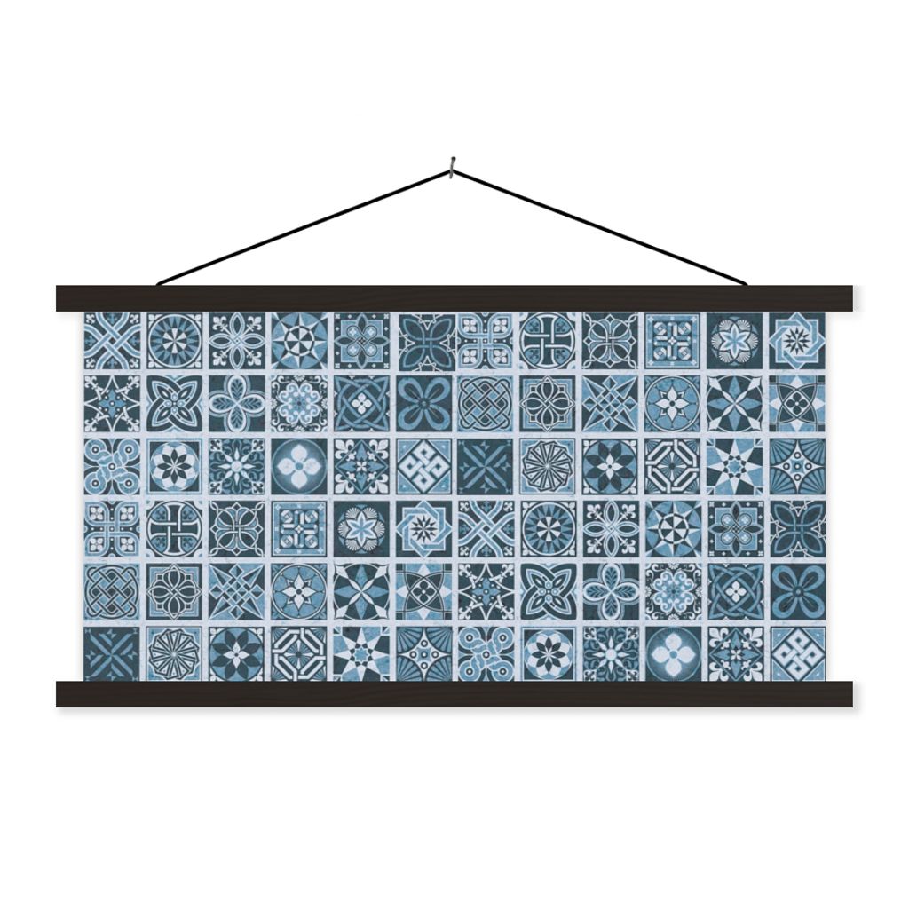 MuchoWow Textilposter Blumen - Blau - Muster - Figuren 120x60 cm mit schwarzem Rahmen - Dekoration Schlafzimmer