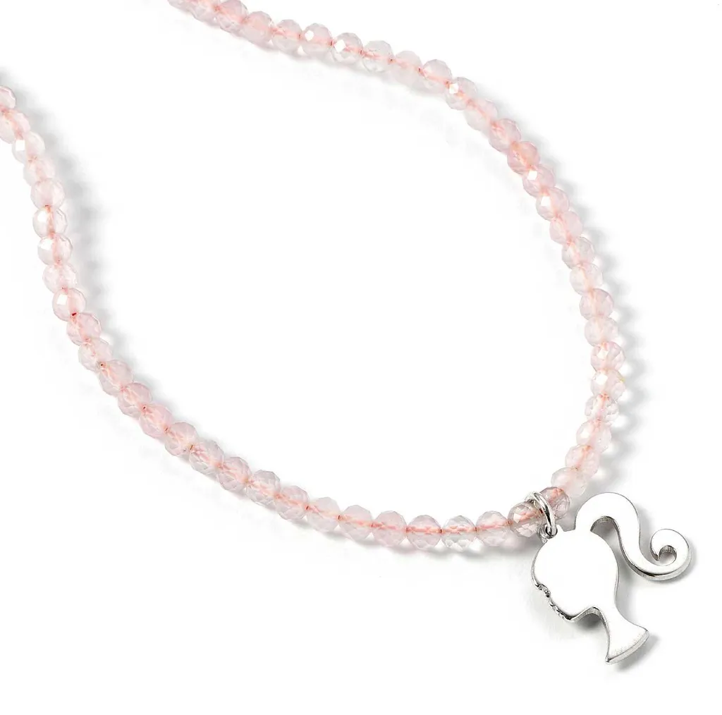 Bijou Collier de Perles Quartz Rose avec Pendentif Barbie Argenté