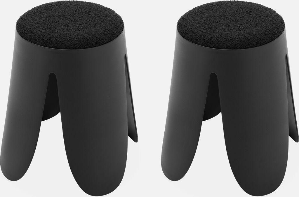 Two black stools with textured black seats are shown against a light gray background.