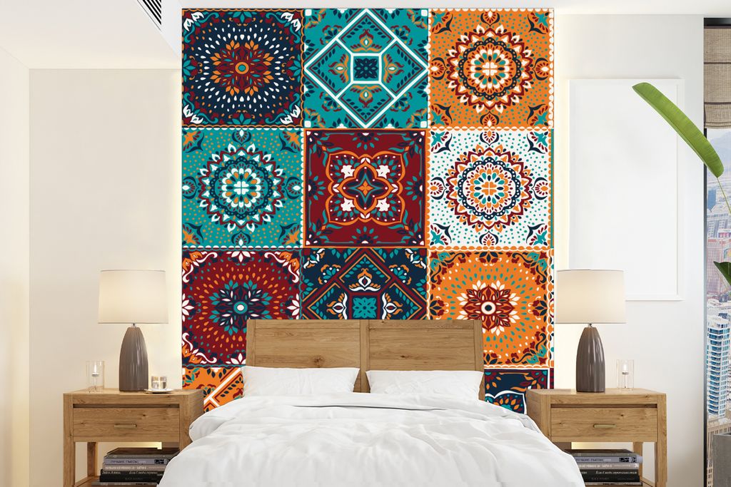 MuchoWow Fototapete für Wohnzimmer oder Schlafzimmer Wandtapete Vinyl Motivtapete Retro - Blatt - Design - Orange - Braun - 205x280 cm - Wandbild