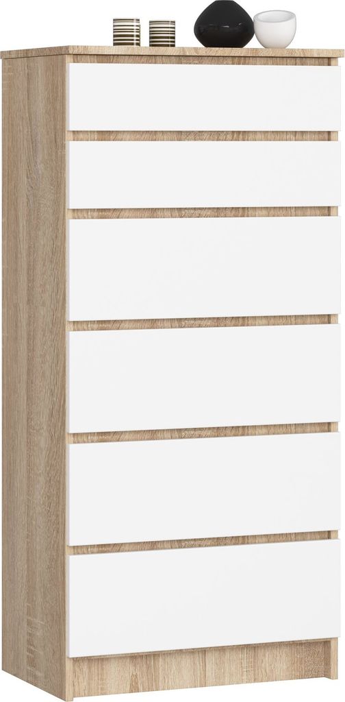 Kommode AKORD K60 Sonoma-Eiche 60 cm 6 Schubladen Front Weiß B60 x H130 x T40 cm