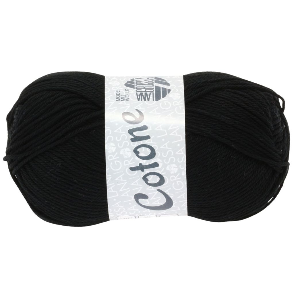 A ball of black yarn with a label.