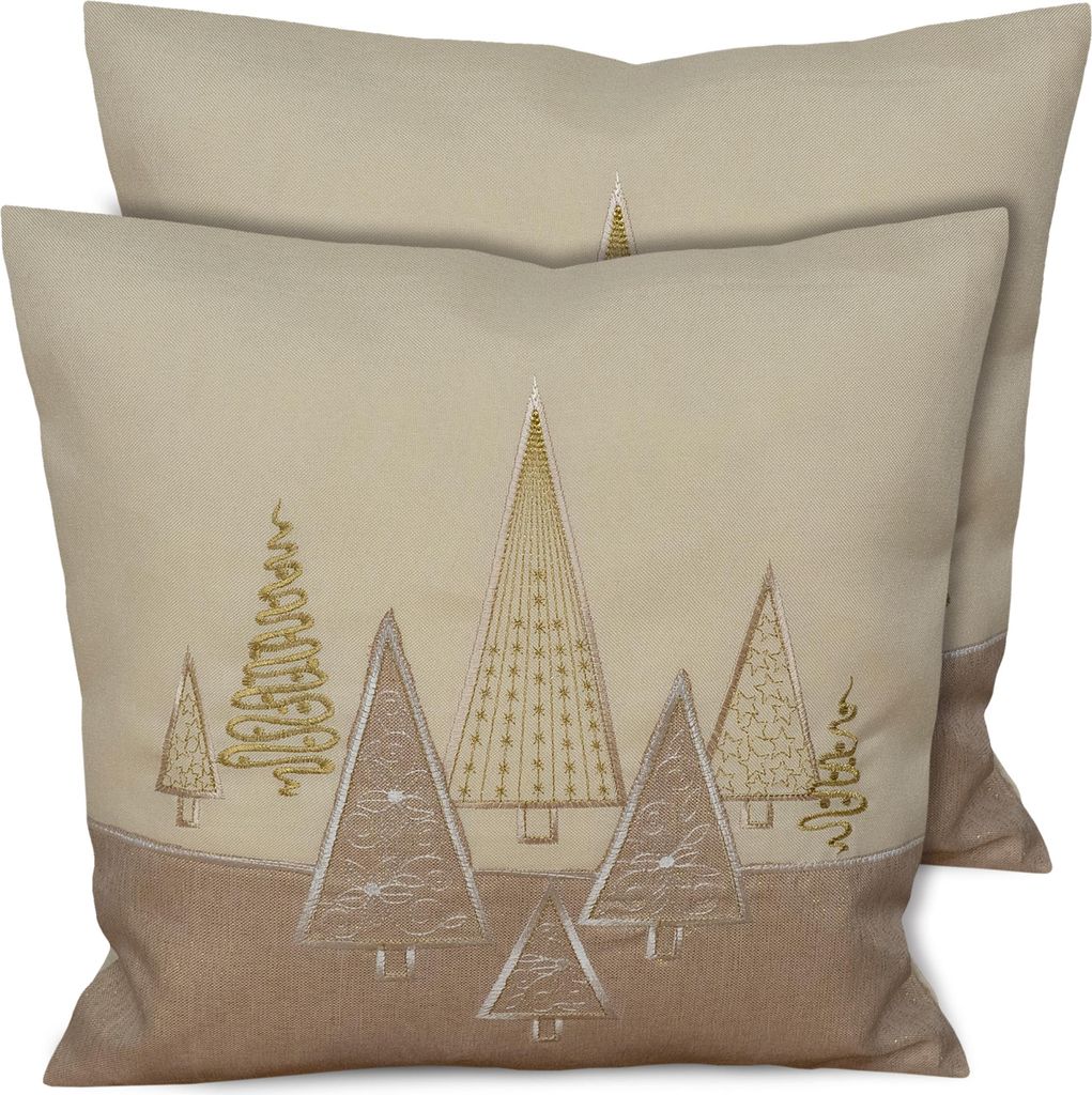 2er Set Kissenhüllen 40x40 cm beige mit Tannenbaum als Weihnachts-Deko