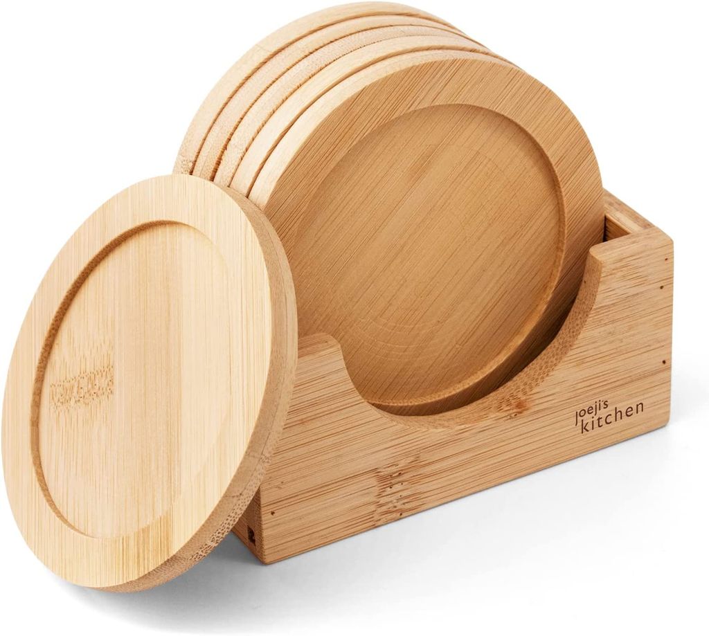 Joejis Holzuntersetzer im 6er Set mit Halter und hitze- & wasserbeständige Untersetzer BZW. 9cm Mehrzweck-Tassenuntersetzer BZW. Holzuntersetzer f...