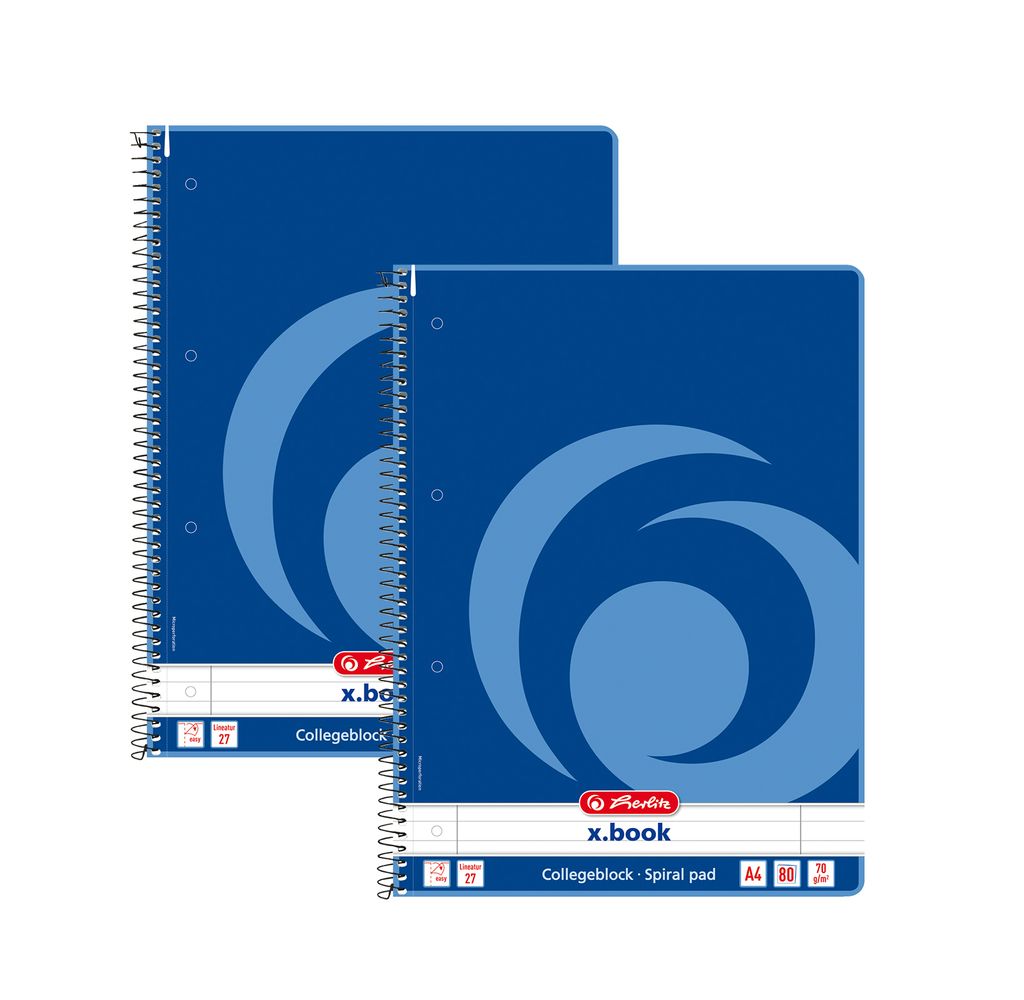 Herlitz Spiralblock A4 80 Blatt liniert, Lineatur 27 Rand links und rechts (2 Blöcke)