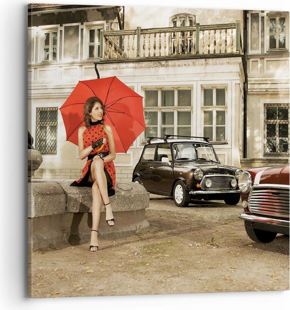 Bild auf Leinwand - Leinwandbild - Attraktiv Frau Spaziergang Regenschirm - 70x70cm - Wand Bild - Wanddeko - Leinwanddruck - Bilder - Kunstdruck - ...