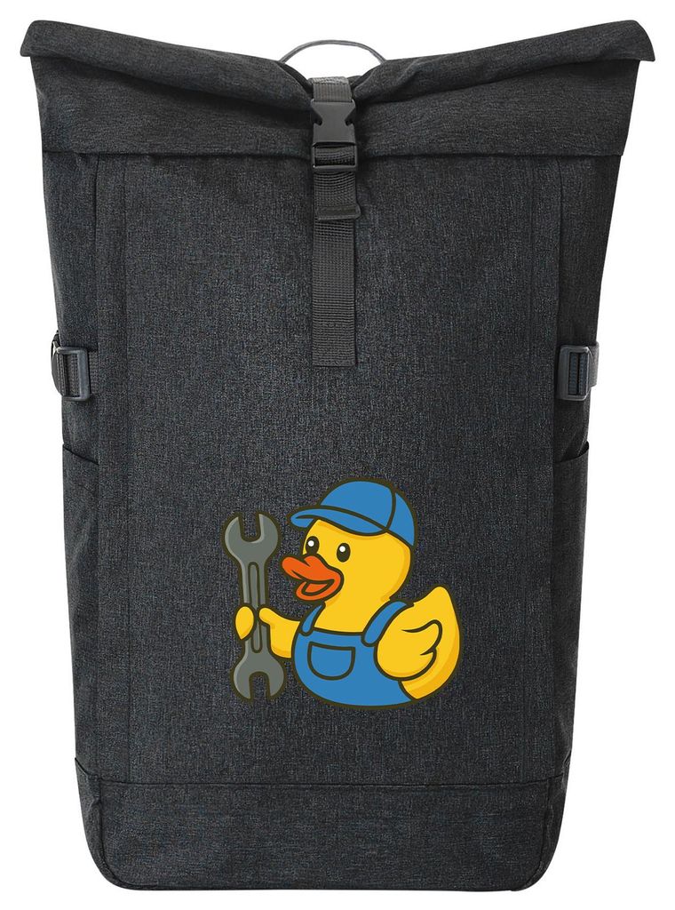 Huuraa Kurierrucksack Quietscheente Mechatronik Comic Gummiente 30-44 Liter Black Melange Fairtrade Rolltop Rucksack Geschenkidee