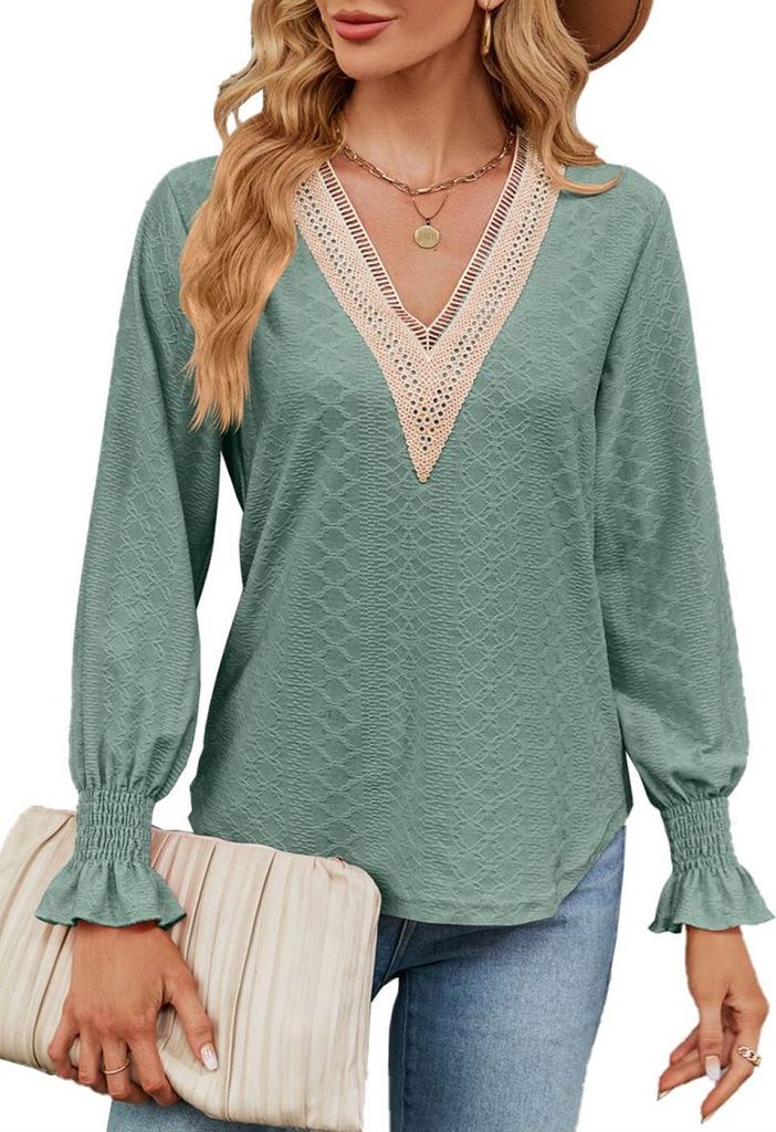 ASKSA Damen Spitzen V-Ausschnitt Bluse Casual T-Shirts Elegant Hemdbluse Langarmshirt Tunika Tops, Dunkelgruen, XL