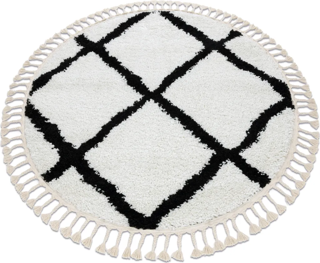 Tapis berbère blanc BERBER CROSS rond 160 cm avec franges pour salon