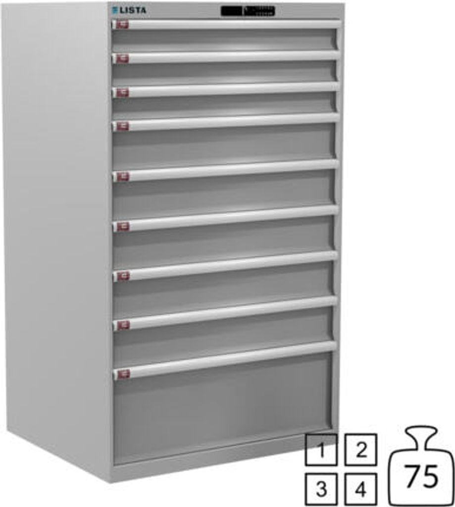 Lista Schubladenschrank - 78.707.020 - 1.450x870x725 mm (HxBxT) - 9 Schubladen - 75 kg - Code Lock - lichtgrau (RAL 7035)