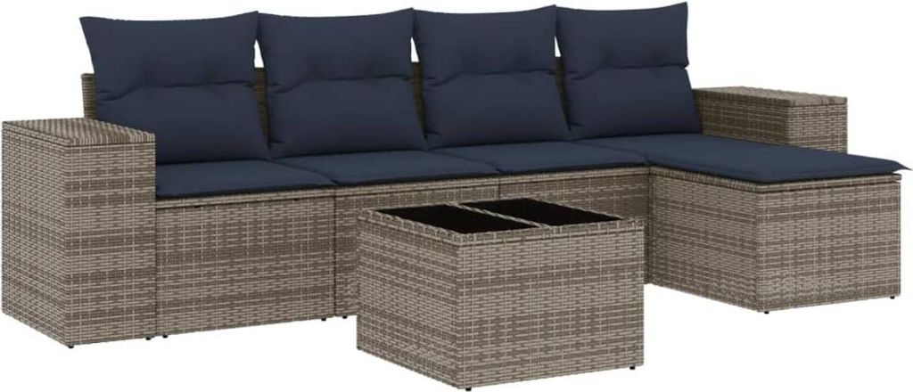 6-teiliges Gartensofa-Set mit Kissen, grau, Polyrattan