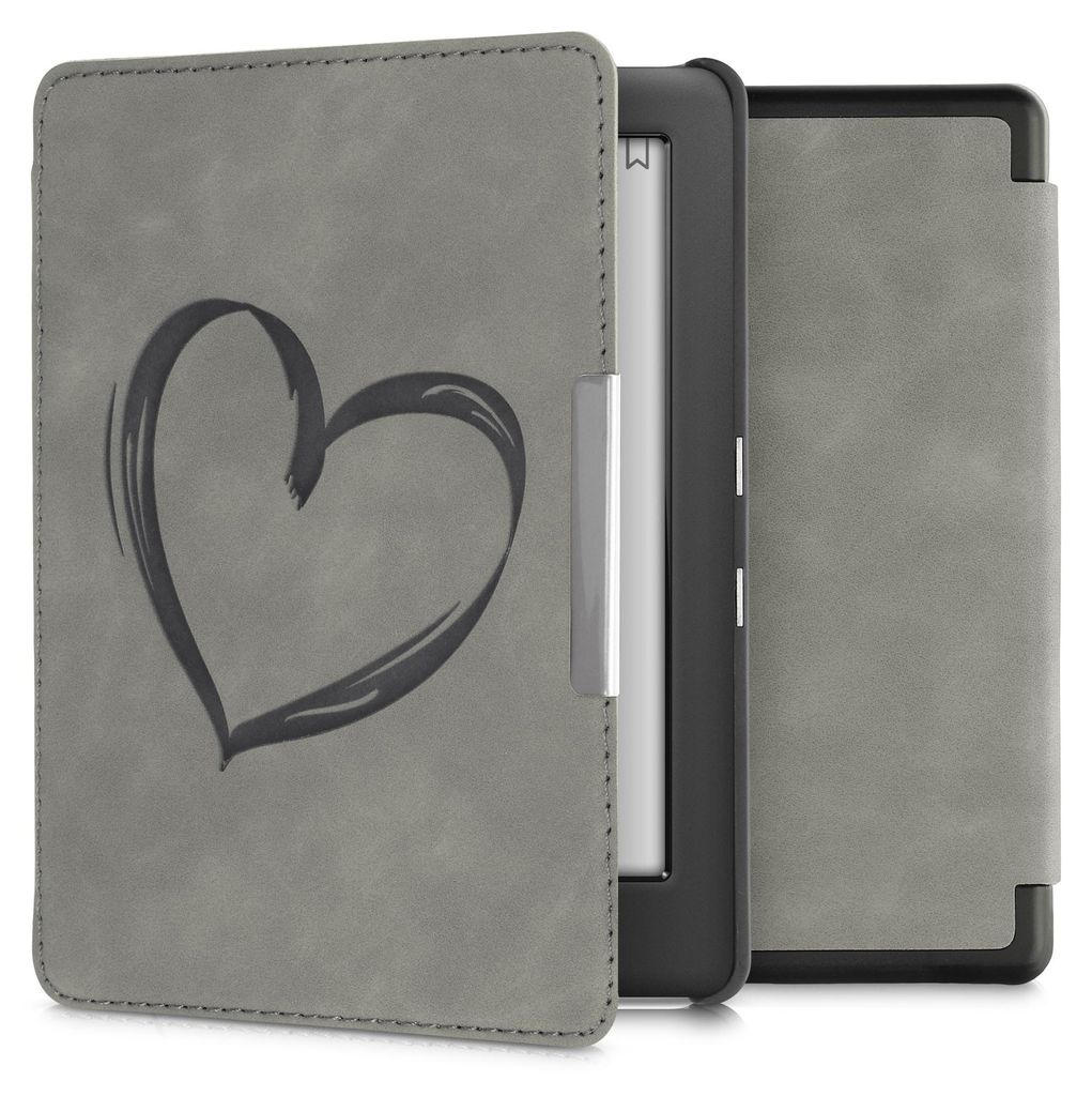 kwmobile Schutzhülle für Kobo Glo HD / Touch 2.0 Hülle - eReader Case aus Kunstleder mit Auto Sleep Funktion - Herz Brush mit Grau