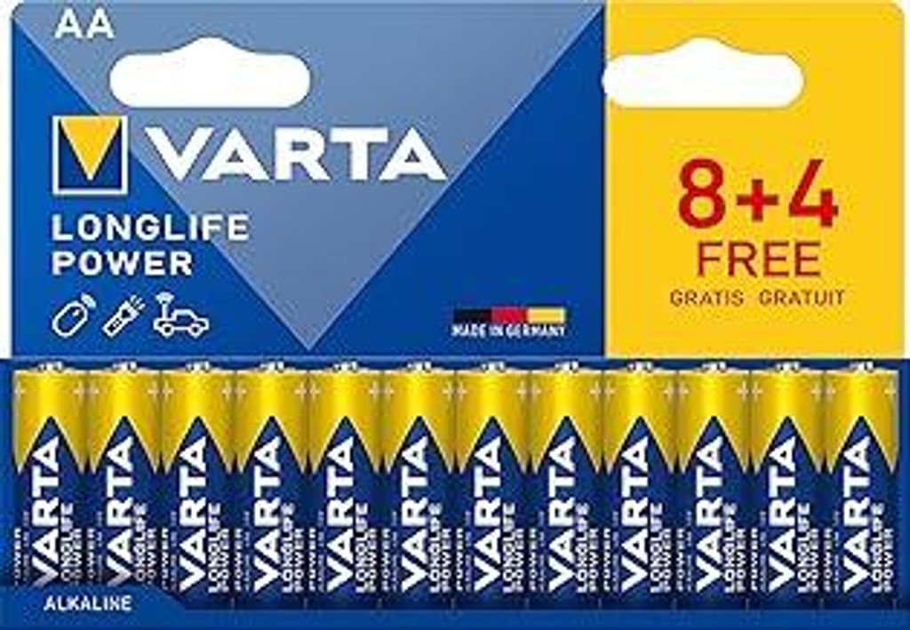 VARTA Batterien AA, 8+4 (12 Stück), Longlife Power, Alkaline, 1,5V, ideal für Spielzeug, Funkmaus, Taschenlampen, Verpackung zu 90% recycelt, Ge...