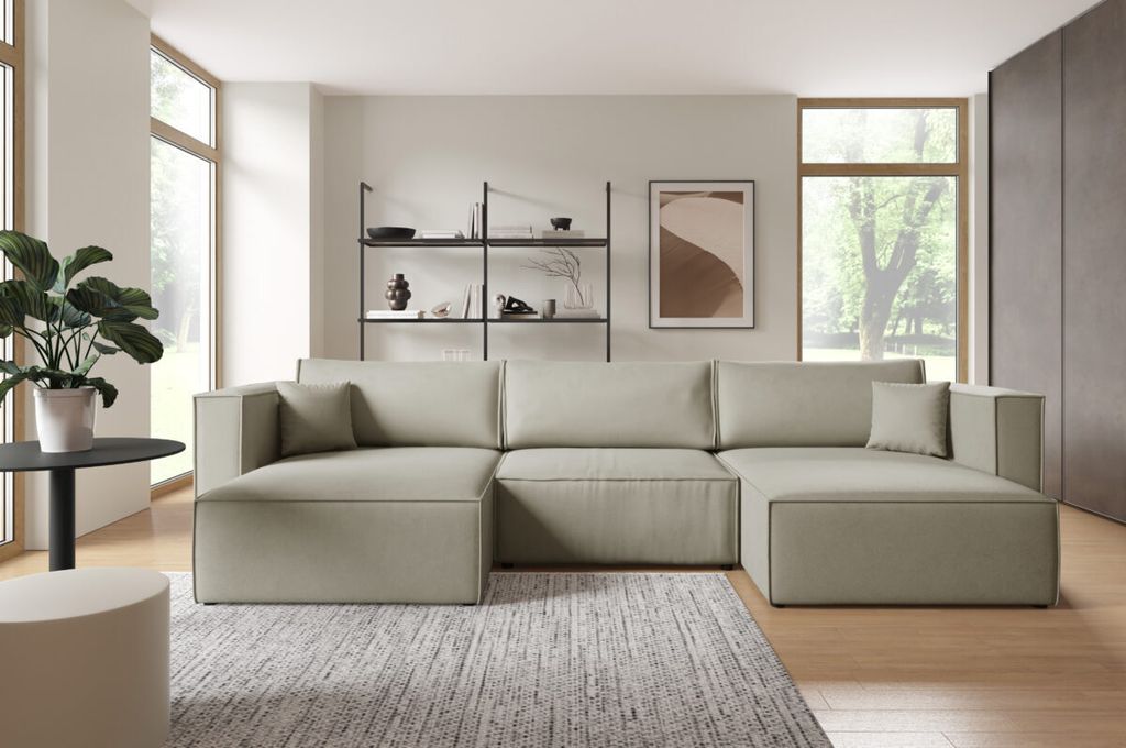 Furnisell U Form Sofa Velour Ecksofa Bettkasten Schlaffunktion "KEYMON U", Hellgrau