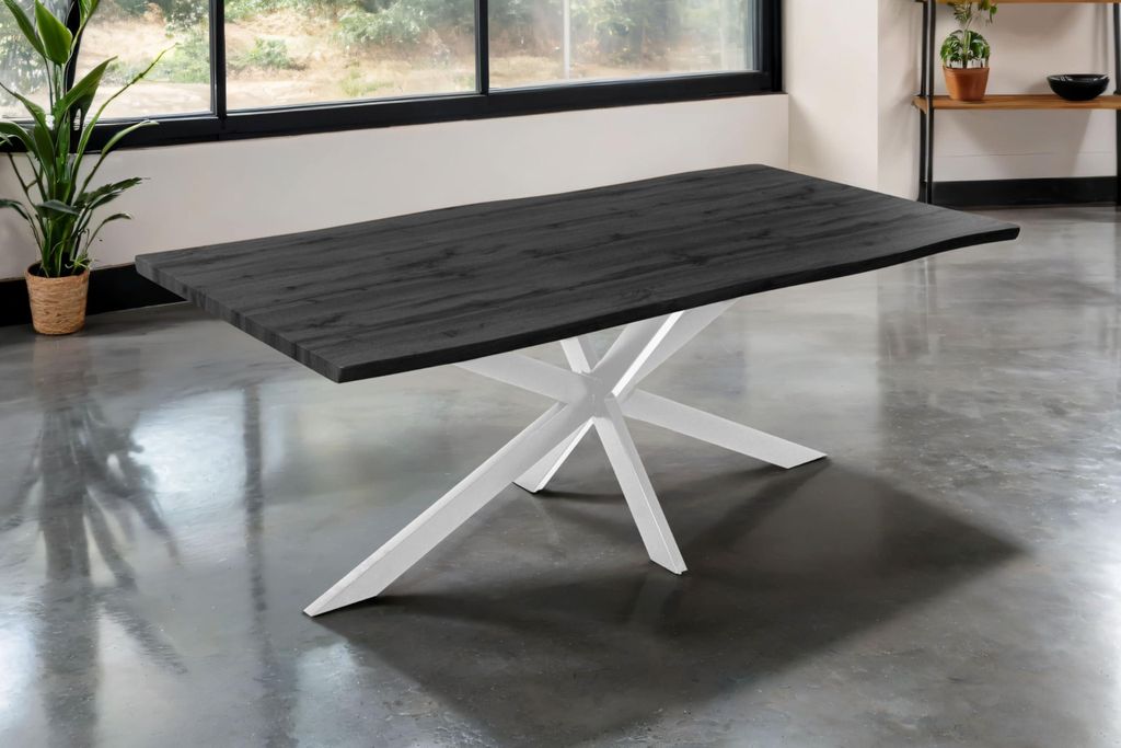 Esstisch Josy | 200 x 100 cm | Holz-Optik in Grau | Spider-Gestell Metall weiß | 40 mm Tischplatte mit Baumkante | Tisch für Esszimmer & Küche
