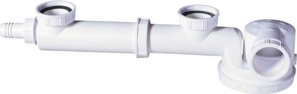 A white plastic plumbing fitting, likely a siphon for a sink, is shown against a white background.