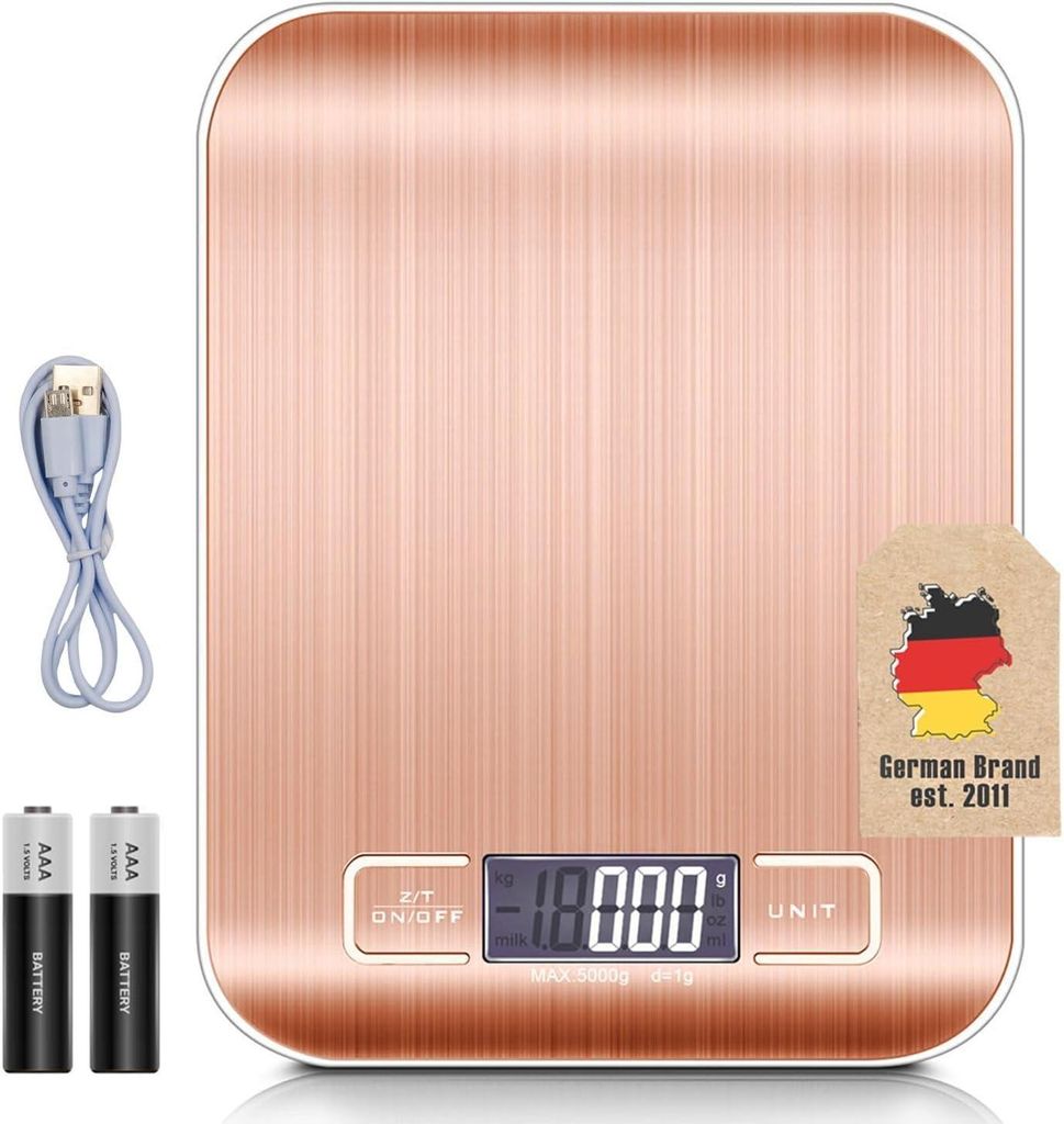 Digitale Küchenwaage 5 kg Wiederaufladbar per USB & Batteriebetrieb- Elektronische Waage mit Tara Funktion- Präzise Küchen mit LCD-Display ROSÉ...