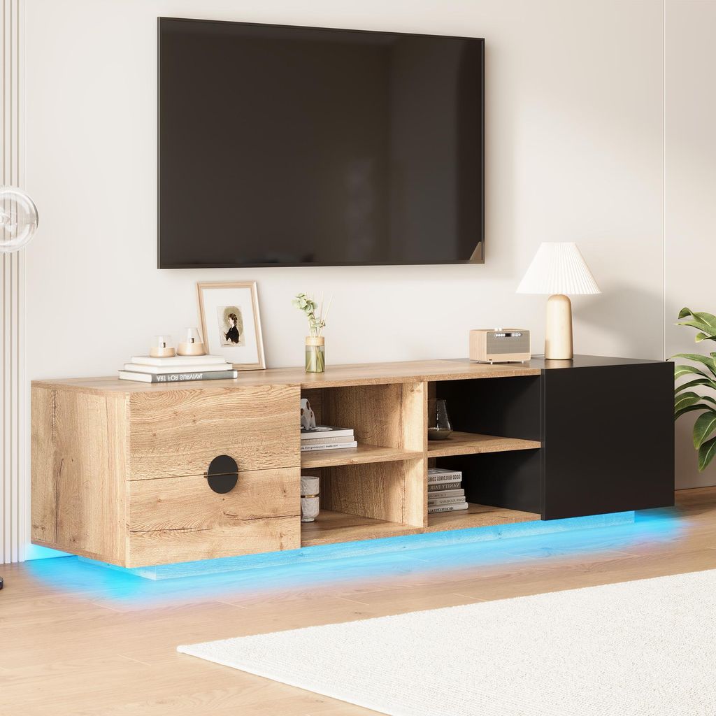 okwish TV-Schrank Fernsehschrank mit mittlere offene Fächer,Fernsehbank Lowboard TV-Regal mit Stufenablagen für einfachen Zugriff,Schwarz und Holz