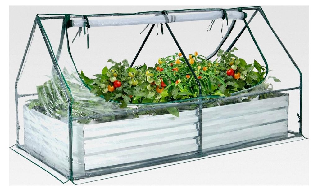 3 in 1 Gewächshaus mit Hochbeet, Metall Pflanzkasten, PVC-Folie, Blumenbeet mit zwei Fenstern, rechteckiges Frühbeet für Blumen und Kräuter im ...