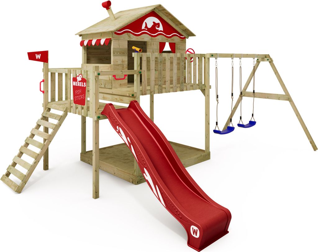 WICKEY Spielturm Klettergerüst Smart Coast mit Schaukel & Rutsche, Stelzenhaus mit Sandkasten, Kletterleiter & Spiel-Zubehör - rot
