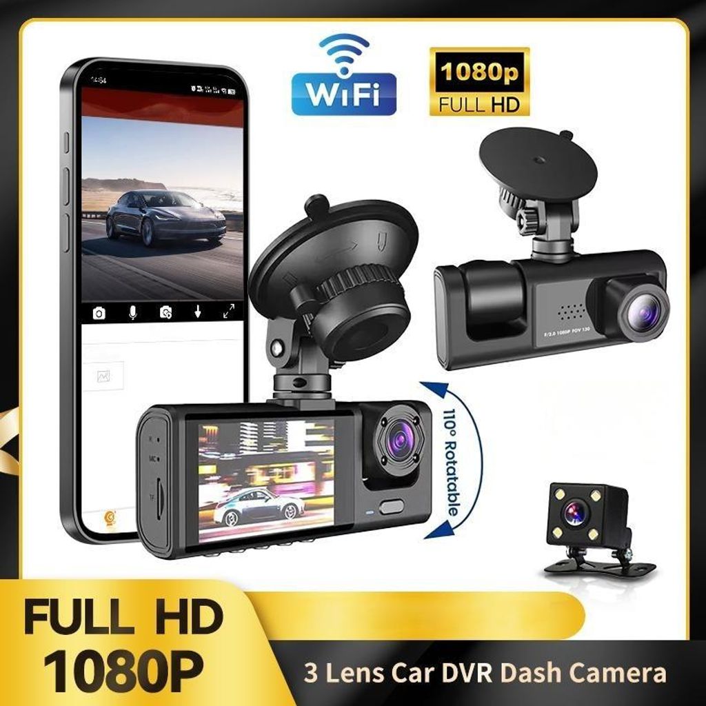 AIORBER 3-Kanal Dashcam mit WiFi, Full HD 1080P, Rückfahrkamera, Auto Kamera für Parküberwachung, Schwarz