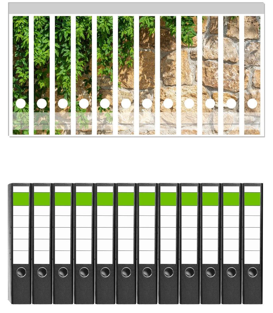 Wallario 12 Stück schmale Ordner inkl. Klebeetiketten mit Motive Natursteinwand mit Ranken - Set mit Rückenschildern / Ordnerrücken Stickern