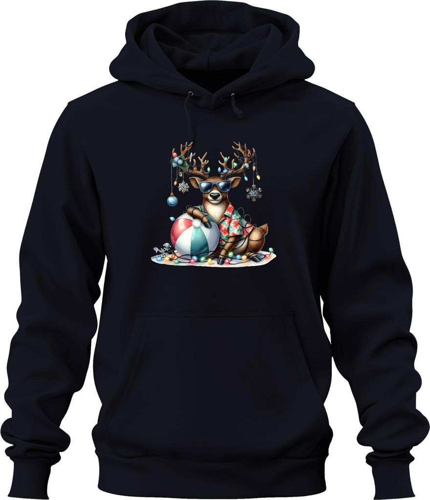 Weihnachtsrentier Sonnenbrille Hawaiihemd Strandball Lichterkette Uni Hoodie Kapuzenpullover, Navy, 3XL