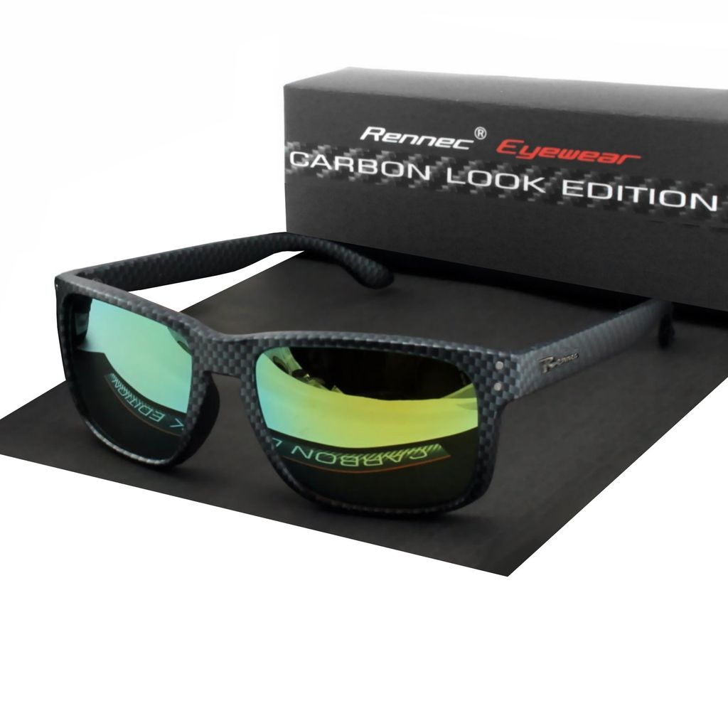 Hochwertige Herren Sonnenbrille Rechteckig Carbon Polyamid Optik UV400 Gläser Türkis Verspiegelt mit 3in2 Bügel Gelenke