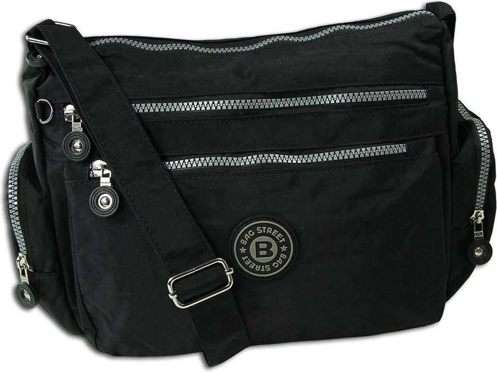 A black shoulder bag with multiple zippered compartments and a prominent brand logo.
