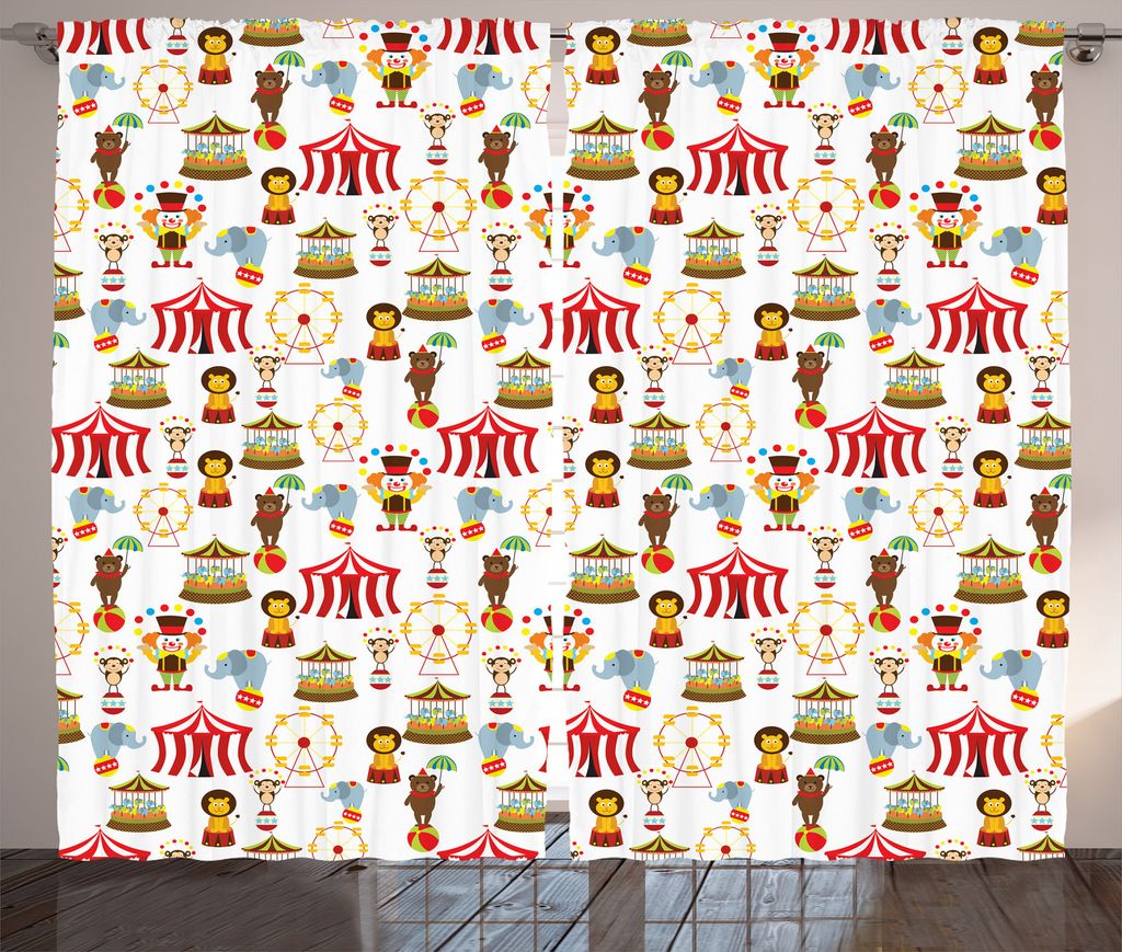 ABAKUHAUS Bunt Rustikaler Gardine, Zirkus Elefant Bär, Schlafzimmer Kräuselband Vorhang mit Schlaufen und Haken, 280 x 225 cm, Mehrfarbig