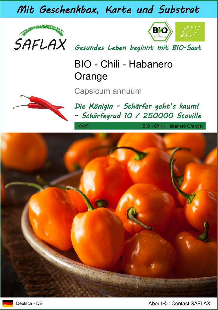 SAFLAX - Geschenk Set - BIO - Chili - Habanero Orange - 20 Samen - Mit Geschenk- / Versandbox, Versandaufkleber, Geschenkkarte und Anzuchtsubstrat ...