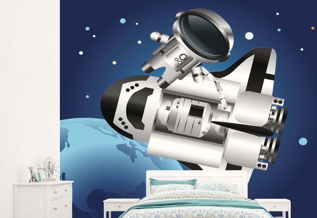 MuchoWow Fototapete für Wohnzimmer oder Schlafzimmer Wandtapete Vinyl Motivtapete Eine Illustration einer Raumfähre im Weltraum - 245x220 cm - ...