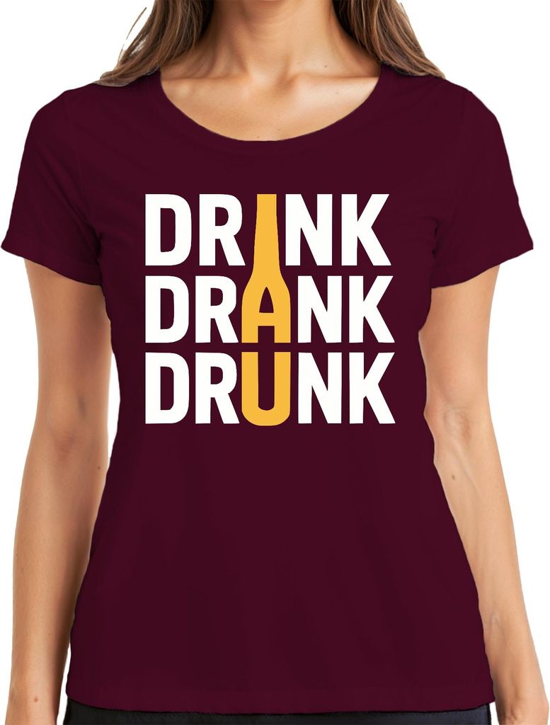 DRINK DRANK DRUNK bierflasche party saufen kneipe geschenk retro Damen T-Shirt, Burgundy, 3XL