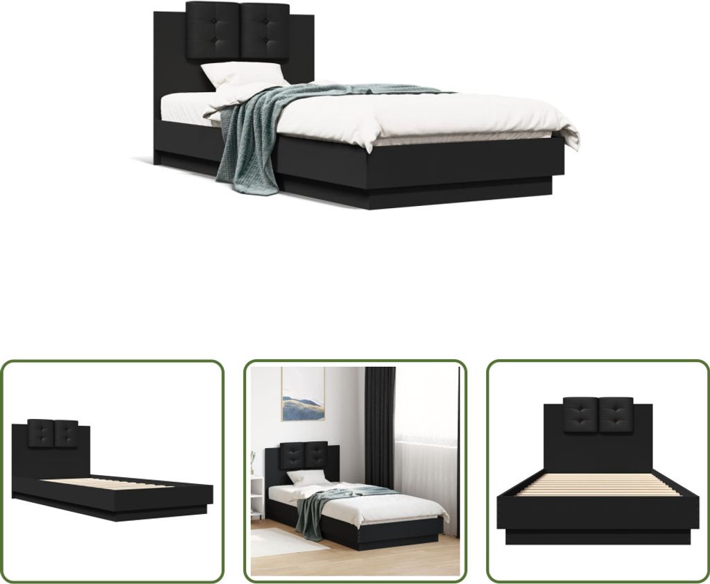 The Living Store Bettgestell mit Kopfteil Schwarz 90x200 cm Holzwerkstoff