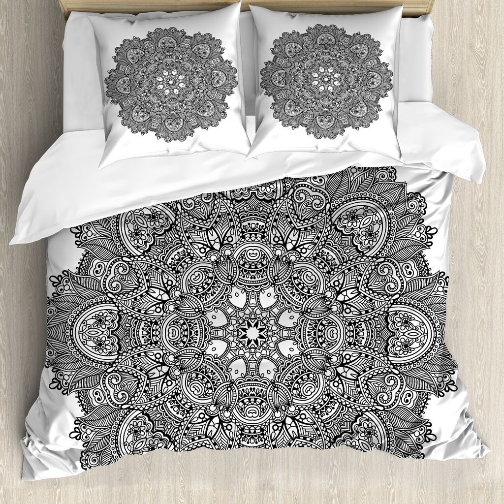 ABAKUHAUS Lotus Bettbezug, Detaillierte Mosaic Theme, Milbensicher Allergiker geeignet mit Kissenbezügen, 155 cm x 220 cm - 80 x 80 cm, Schwarz-Weiss