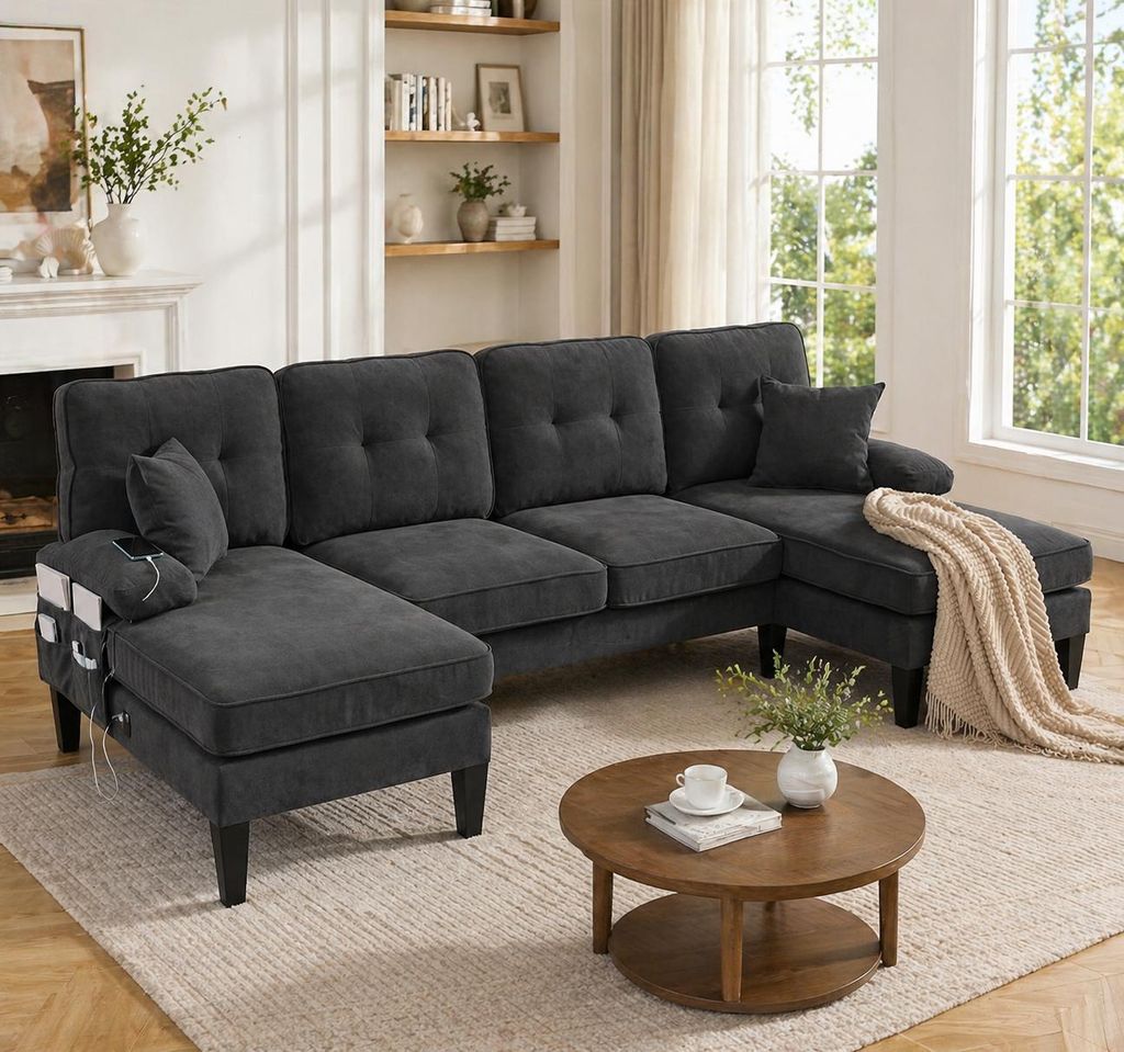 Wohnlandschaft Dunkelgrau U Form Sofa Grosses 4 Sitzer Couch mit zwei Chaise Lounges Leinen Polstersofa Modernes Ecksofa Inklusive Kissen Wohnzimme...