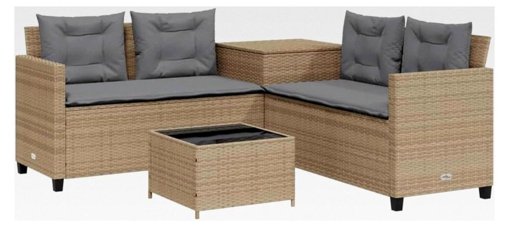L-förmiges Gartensofa, Ecksofa mit Tisch und Kissen, Sitzgruppe für Garten, Terrasse und Balkon, Gartenmöbel Sofagarnitur, Beige Poly Rattan