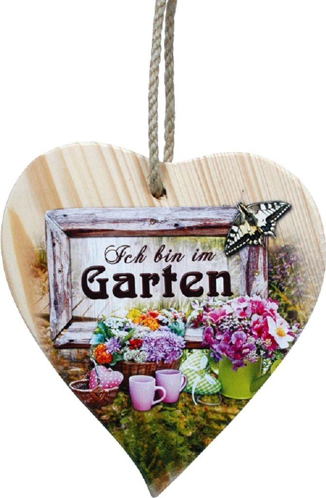 Herz Türschild, Bin im Garten, 17 cm, Holzschild Spruchschild, Geschenkidee